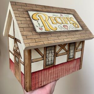 RARE Vinatge Hand Painted Wooden Cottagecore Recipe House Box With Card & File